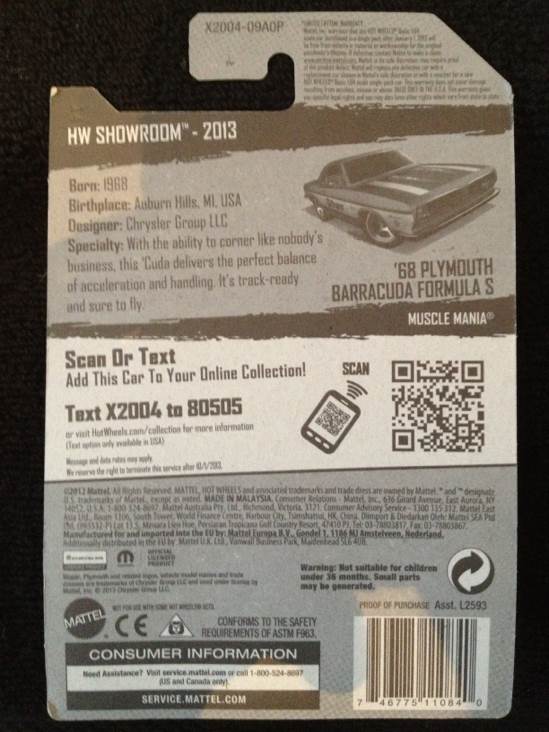Plymouth Barracuda Formula S, ’68 - 2013 - HW Showroom - Muscle Mania toy car collectible - Main Image 2