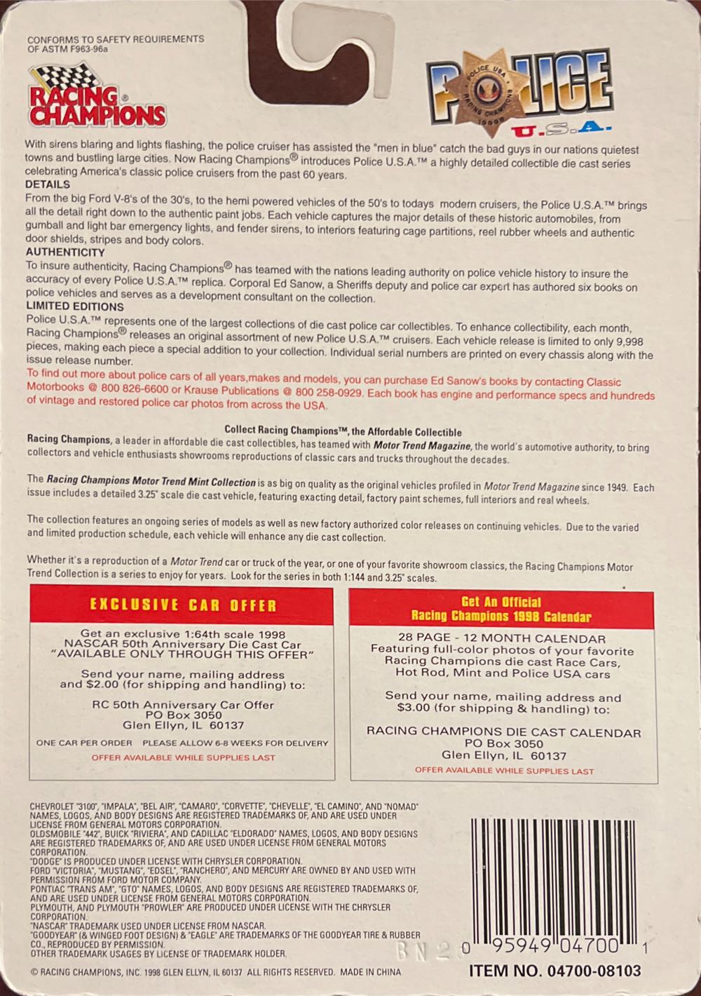 Racing Champions 1998 Police USA Washington State - Police USA toy car collectible - Main Image 2