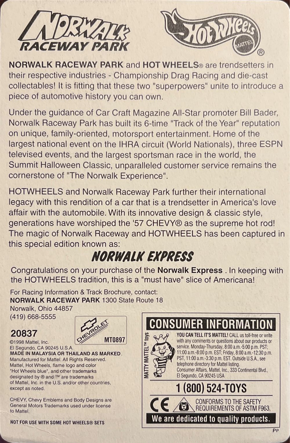 Hotwheels 1998 Norwalk - Norwalk Raceway Park toy car collectible - Main Image 2