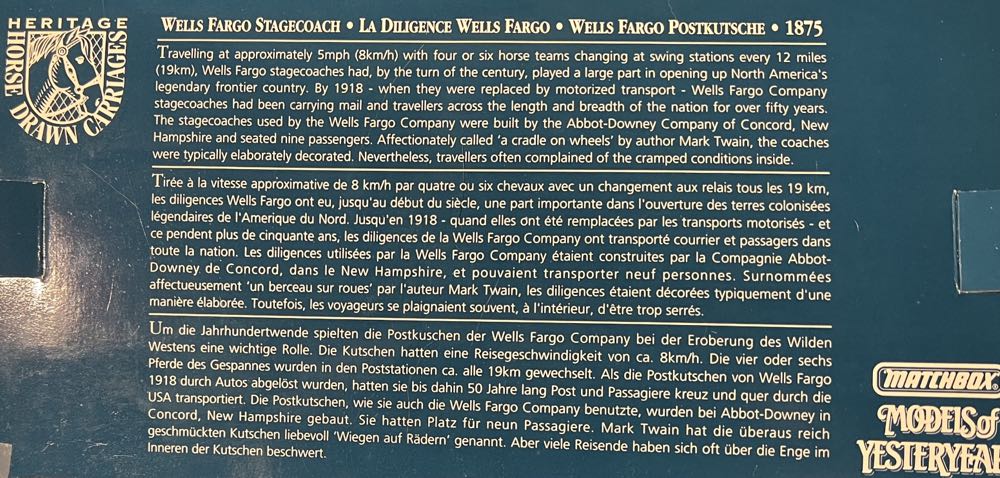 Models of Yesteryear Wells Fargo Stagecoach 1875 Matchbox Model Of Yesteryear - Lesney Matchbox Models Of Yesteryear toy car collectible [Barcode 043302210159] - Main Image 4