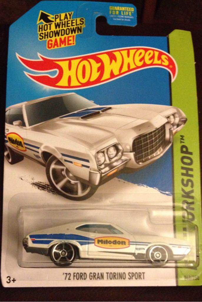 ’72 Ford Gran Torino Soport (white W/ Blue Striped And Milodon Logo) - HW Workshop 2014 - HW Performance toy car collectible - Main Image 1