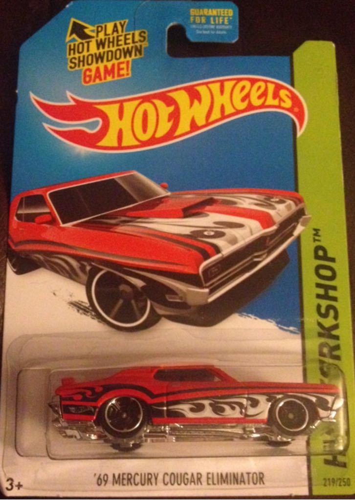 ’69 Mercury Cougar Eliminator Red W/ Black Stripe And White And Gray Flames - HW Workshop - 2014 Heat Fleet toy car collectible - Main Image 1
