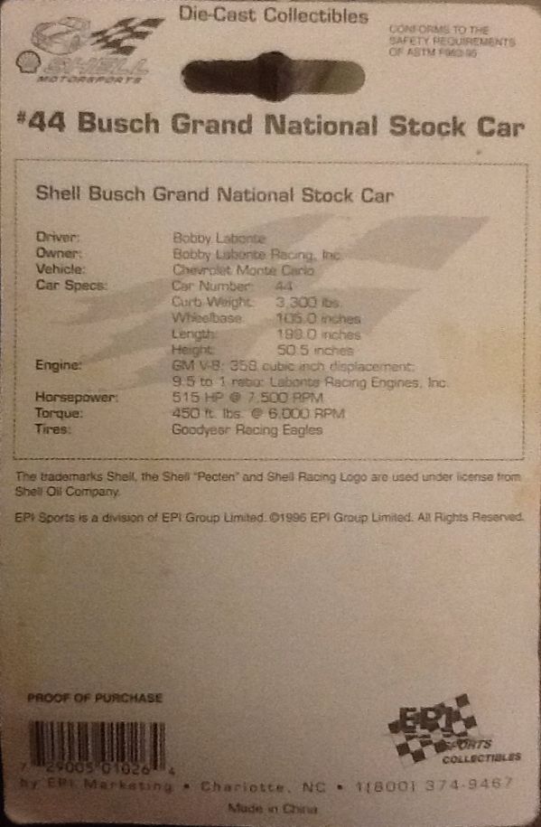 #44 Busch Grand National Stock Car - 1996 Shell Motorsports toy car collectible - Main Image 2