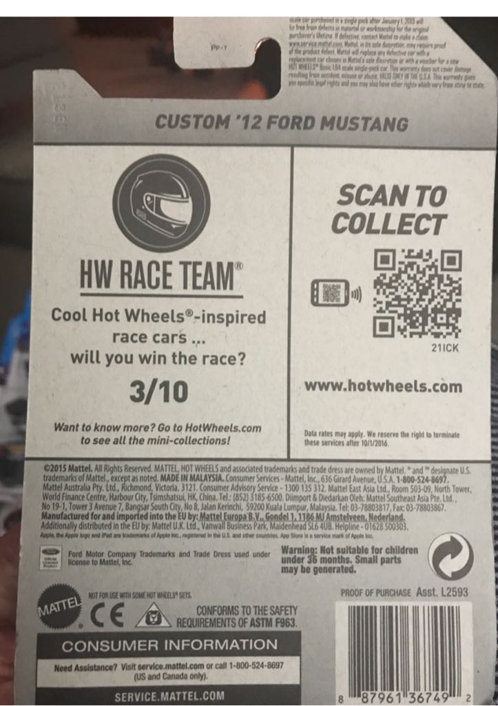 Custom ‘12 Ford Mustang - 2016 - HW Race Team toy car collectible - Main Image 2