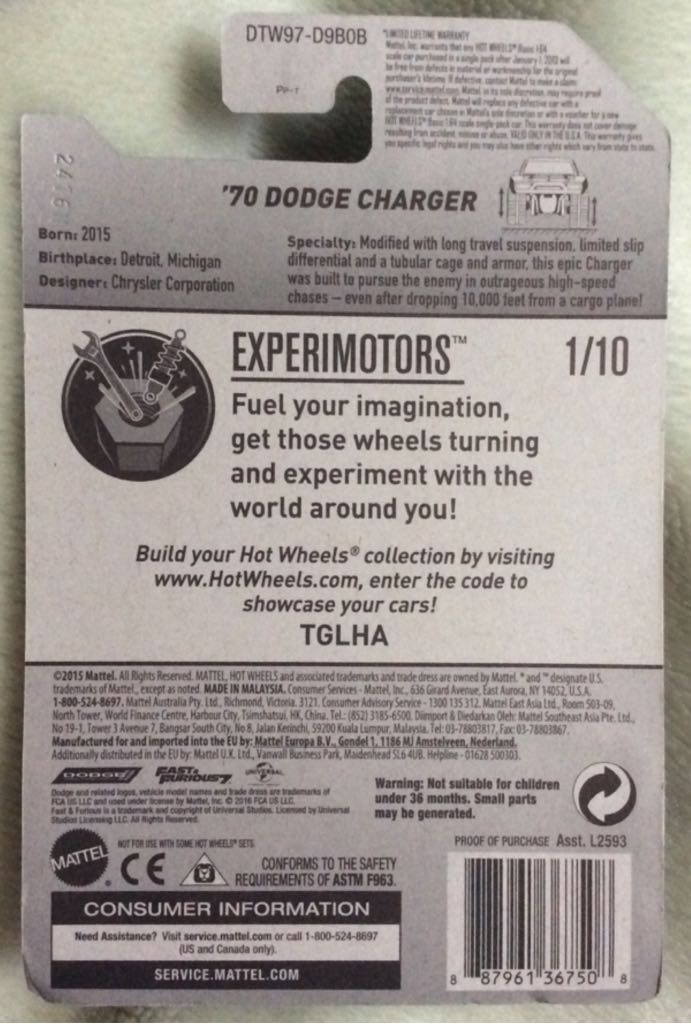 Hot Wheels Dodge Charger ‘70 - Experimotors toy car collectible - Main Image 2