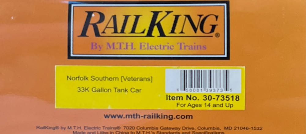 Norfolk Southern (Veterans) 33k Gallon Tank Car “NS 490022” - Rail King By MTH Trains model trains collectible [Barcode 658081393735] - Main Image 2