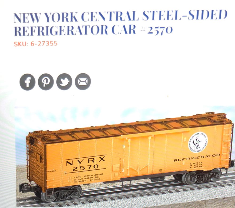Lionel 6 27355 New York Central Steele Sided Reefer Car #2570 O Scale #L-162 - Lionel model trains collectible [Barcode 023922273550] - Main Image 2