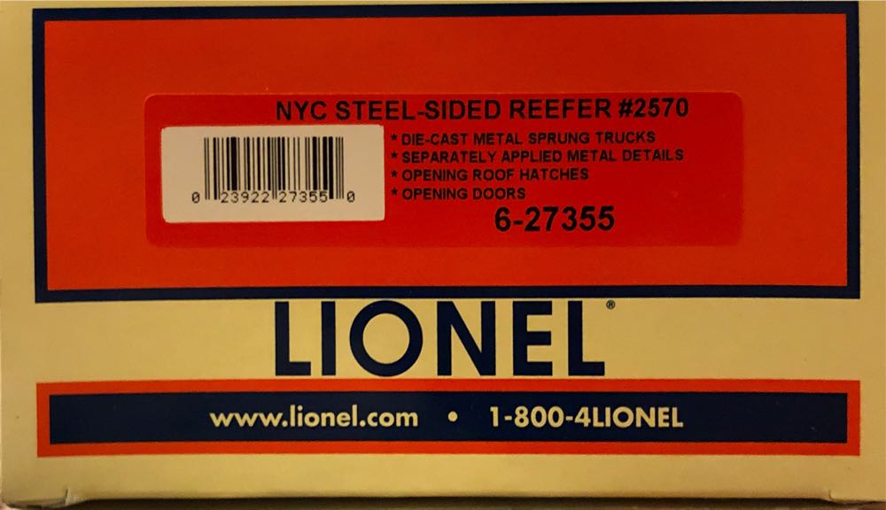 Lionel 6 27355 New York Central Steele Sided Reefer Car #2570 O Scale #L-162 - Lionel model trains collectible [Barcode 023922273550] - Main Image 4