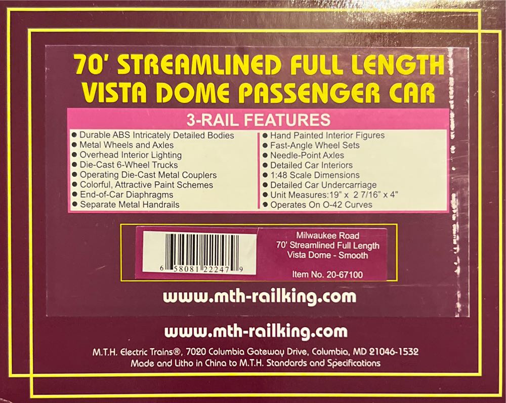 MTH O Scale Premier 70’ Streamlined Full Length Vista Dome Passenger Car Milwaukee Road (Smooth Sided)- # M 101 - MTH model trains collectible [Barcode 658081222479] - Main Image 2