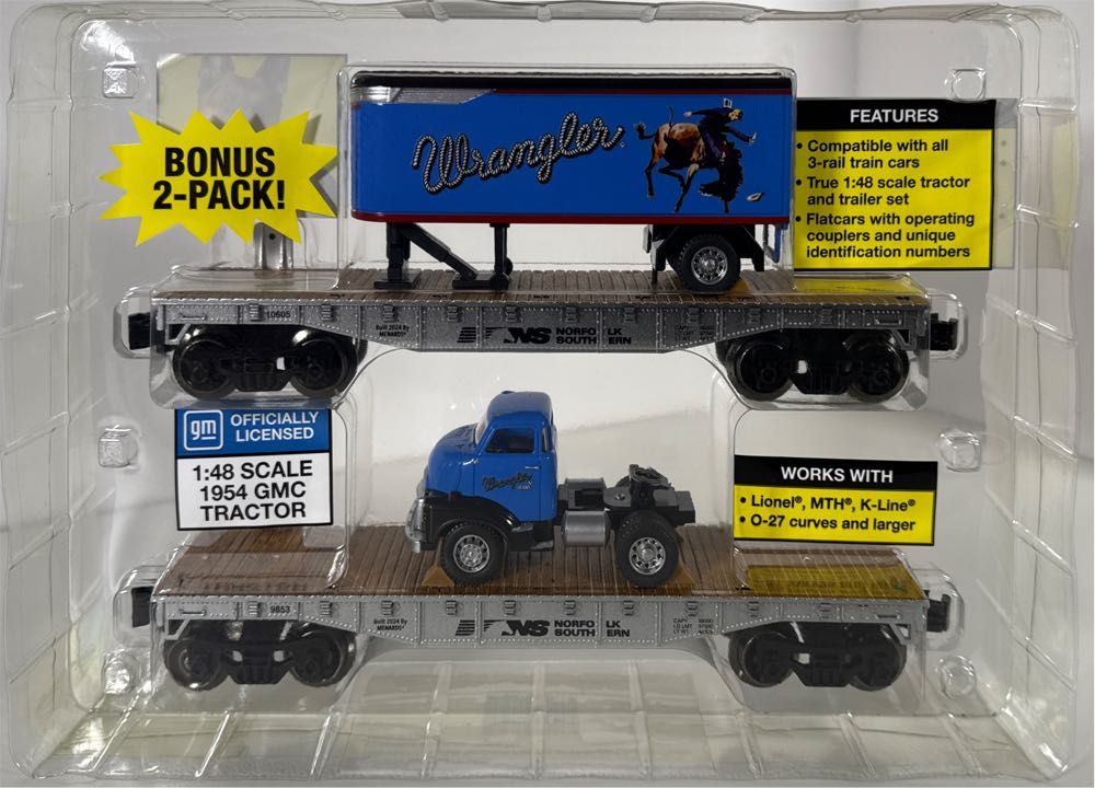 Norfolk Southern Menards 9853 & 10605 Flatcars w/WRANGLER Tractor & Trailer 275-9053 - Menards model trains collectible [Barcode 753429202295] - Main Image 2