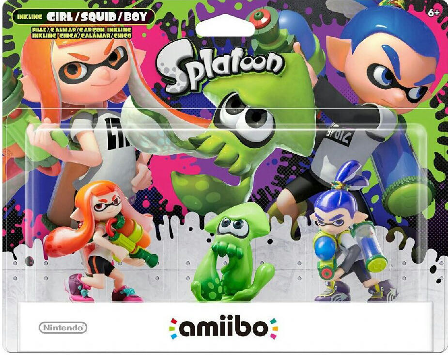 Inkling Girl (Orange), Squid (Green), Inkling Boy (Blue)