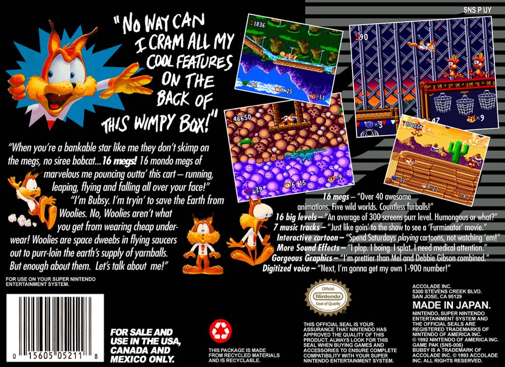Bubsy:  Claws Encounters of the Furred Kind - Nintendo Super Nintendo Entertainment System (SNES) video game collectible - Main Image 2