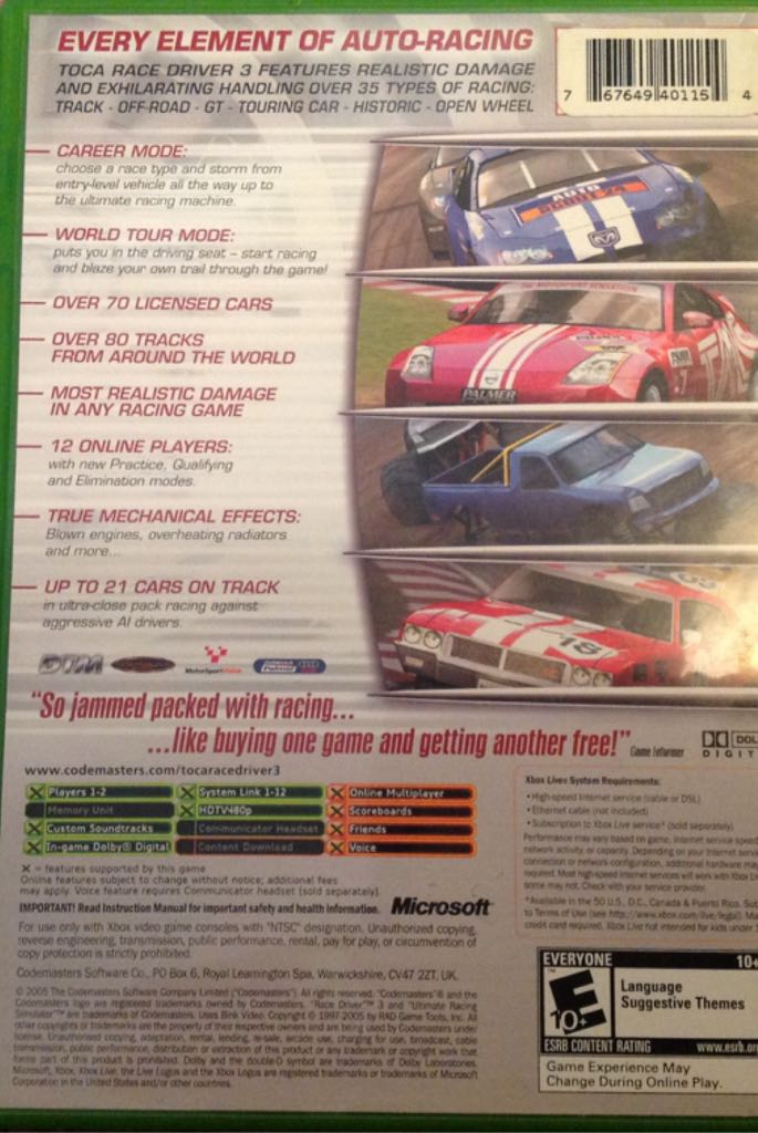 Toca Race Driver 3 - Microsoft Xbox (Codemasters - 1-2) video game collectible [Barcode 767649401154] - Main Image 2