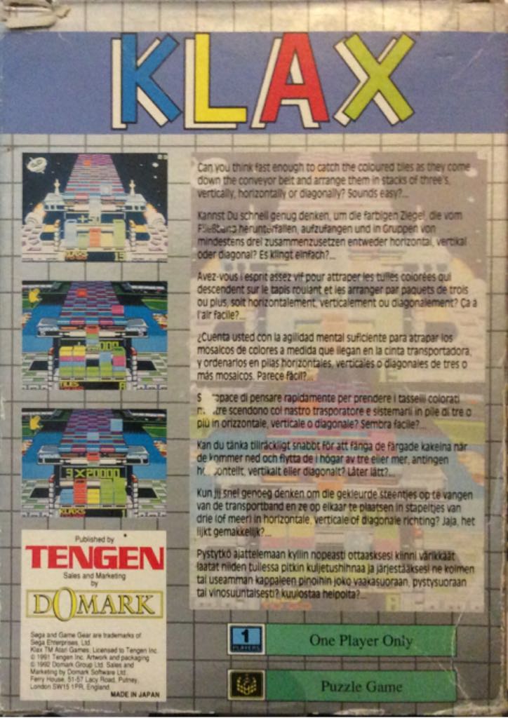 Klax - Sega Game Gear (Tengen Inc. - 1) video game collectible [Barcode 5022231230631] - Main Image 2