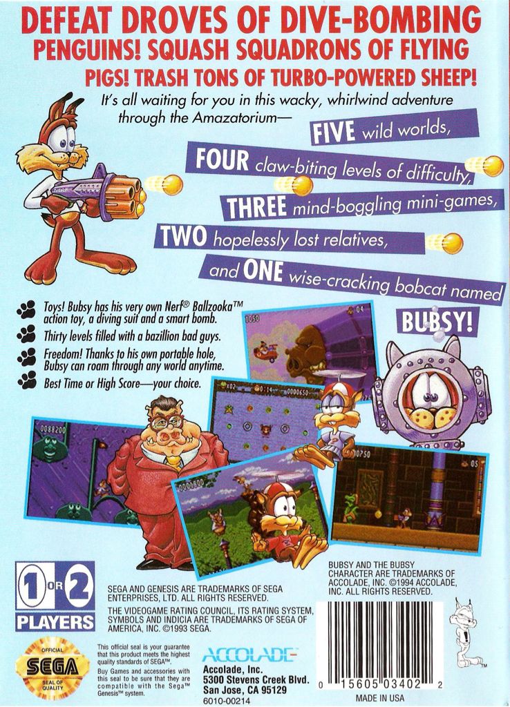 Bubsy II - Sega Genesis (Mega Drive) (Accolade / Retroism - 1) video game collectible [Barcode 015605034022] - Main Image 2