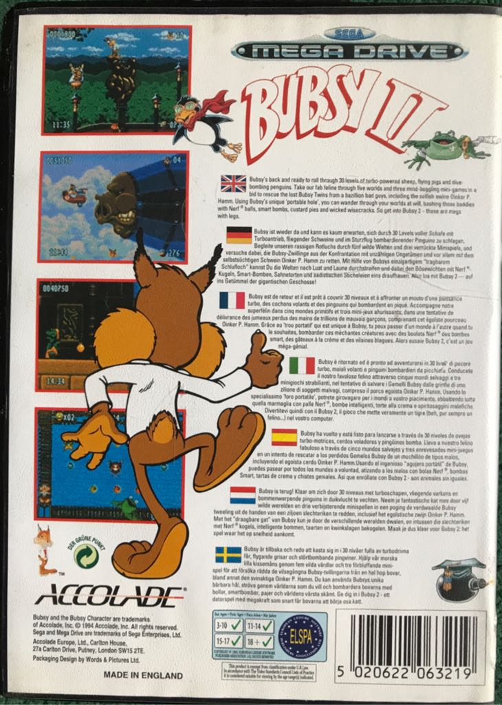 Bubsy II - Sega Megadrive (Accolade - 1) video game collectible [Barcode 5020622063219] - Main Image 2