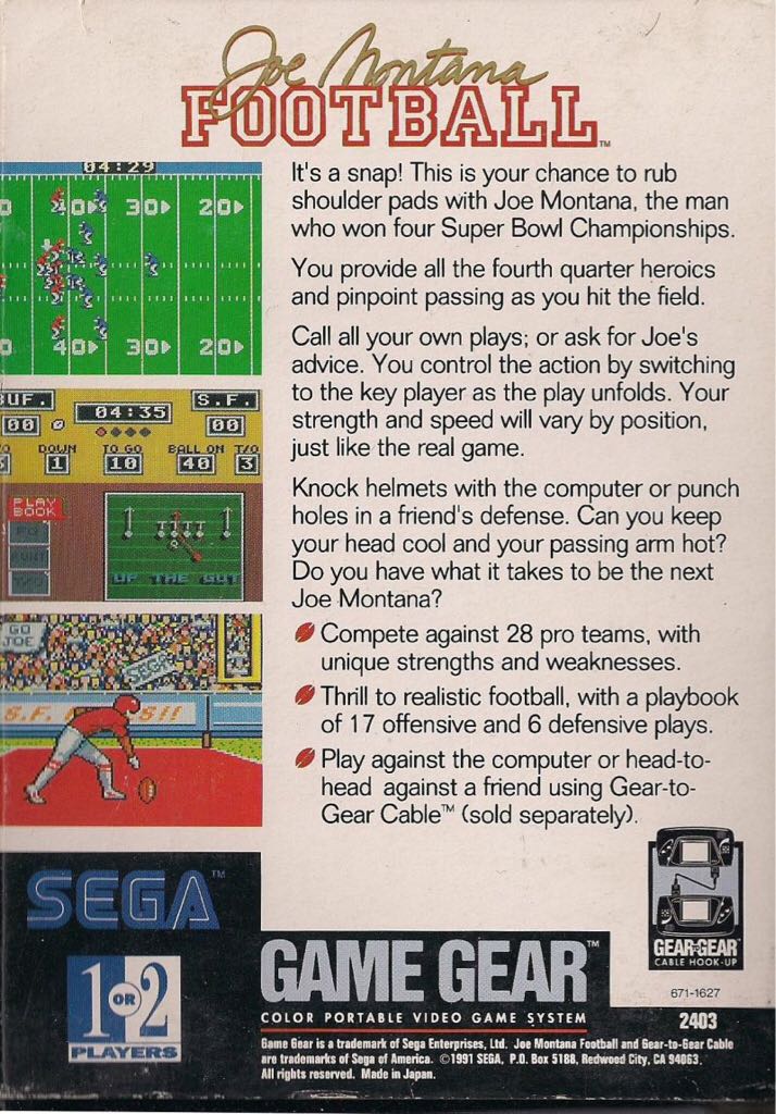 Joe Montana Football - Sega Game Gear (Sega - 1-2) video game collectible [Barcode 010086024036] - Main Image 2