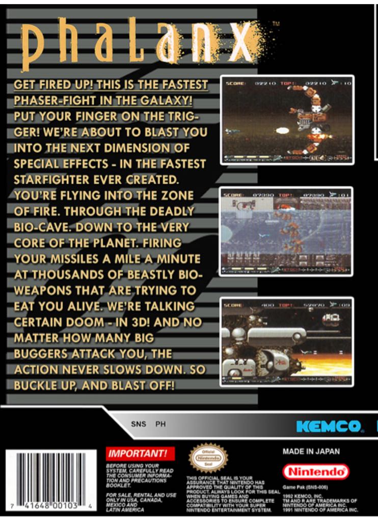 Phalanx: The Enforce Fighter A-144 - Nintendo Super Nintendo Entertainment System (SNES) (ZOOM Inc. / Kemco - 1) video game collectible [Barcode 0741648001034] - Main Image 2