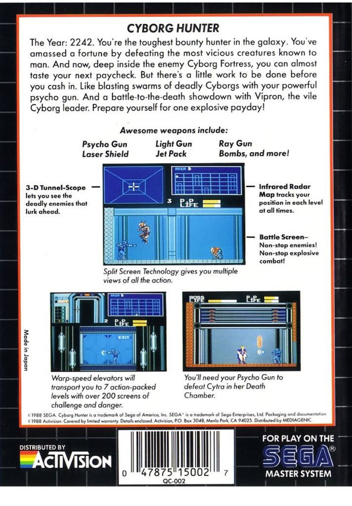 Cyborg Hunter - Sega Master System (Activision - 1) video game collectible [Barcode 047875150027] - Main Image 2