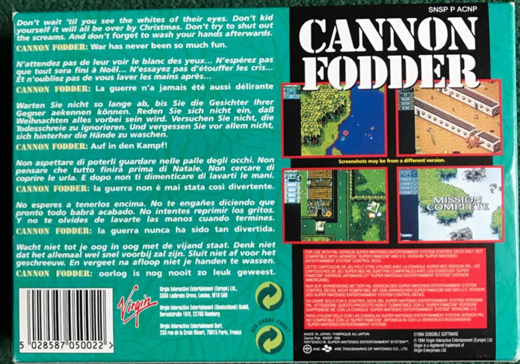 Cannon Fodder - Nintendo Super Nintendo Entertainment System (SNES) (Virgin Interactive - 1) video game collectible [Barcode 5028587050022] - Main Image 2