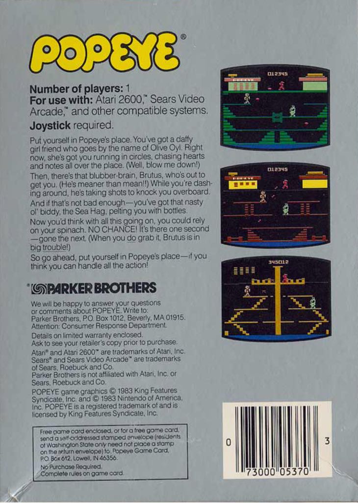 Popeye - Atari 2600 (1) video game collectible - Main Image 2