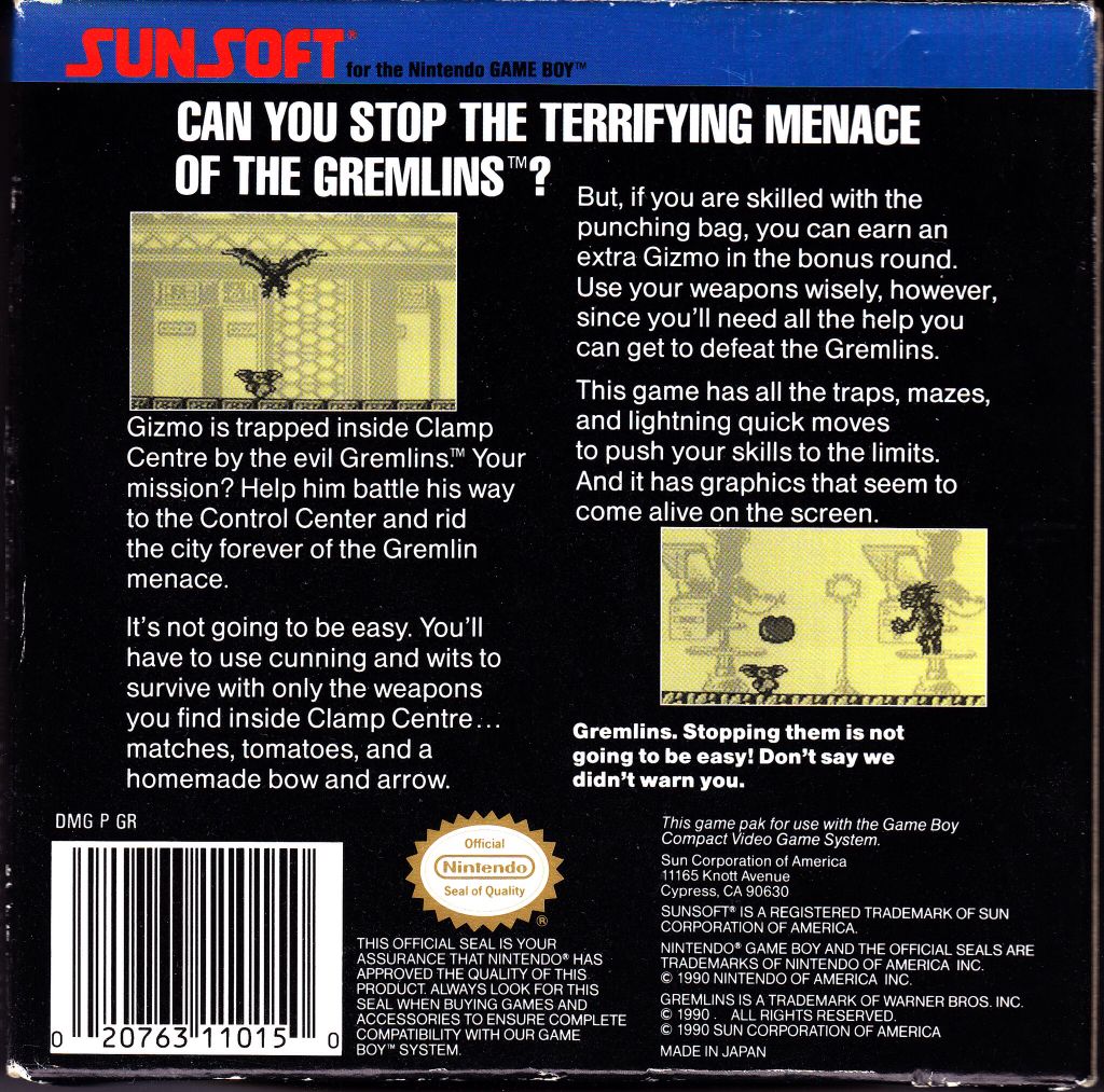 Gremlins 2: The New Batch - Nintendo Game Boy (SunSoft - 1) video game collectible [Barcode 020763110150] - Main Image 2
