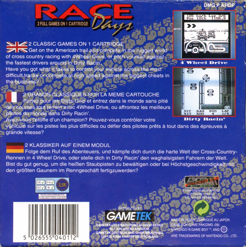 Race Days - Nintendo Game Boy video game collectible [Barcode 5026555040112] - Main Image 2