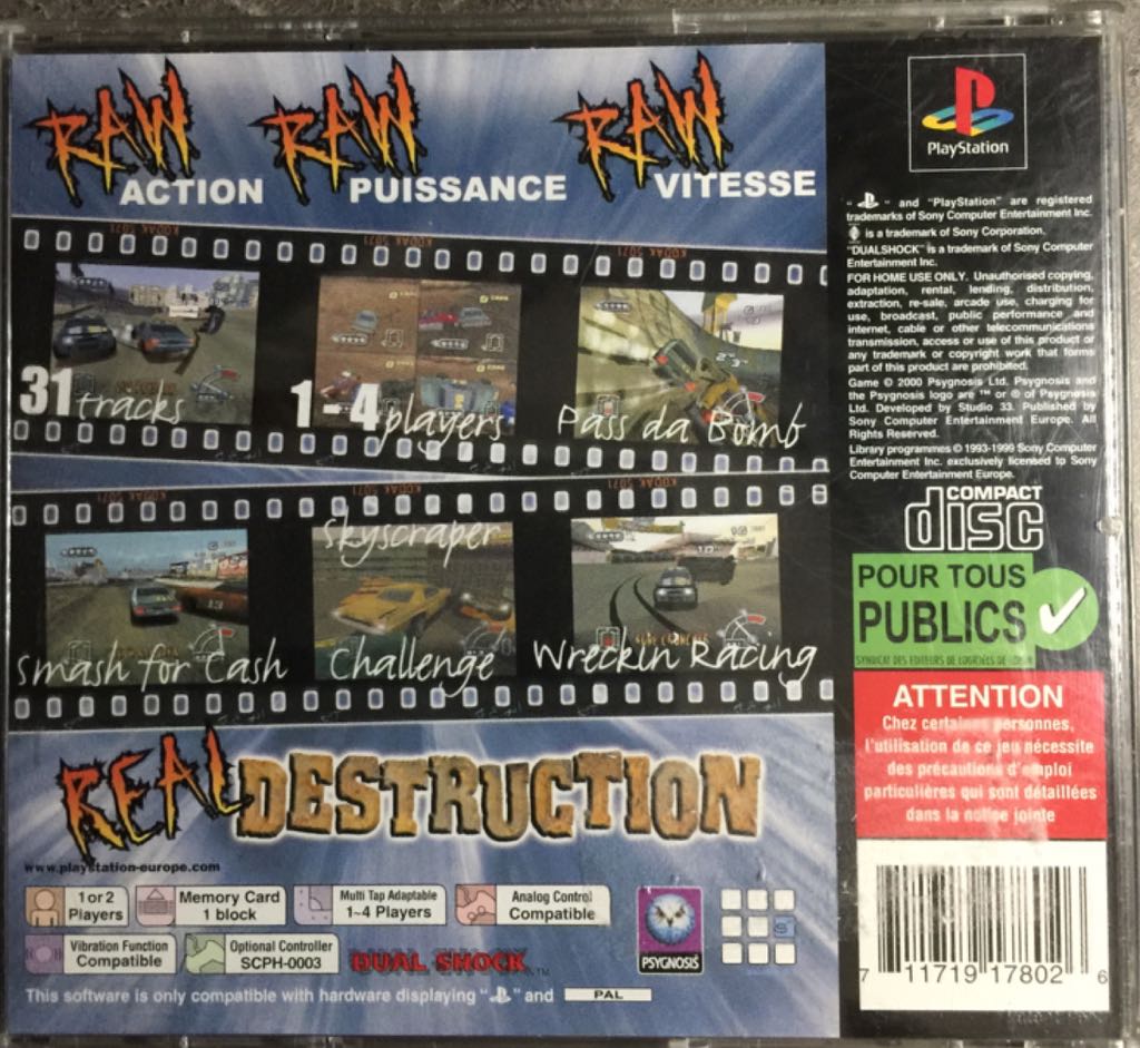 Destruction derby raw - Sony PlayStation (Psygnosis - 1-2) video game collectible [Barcode 711719178026] - Main Image 2