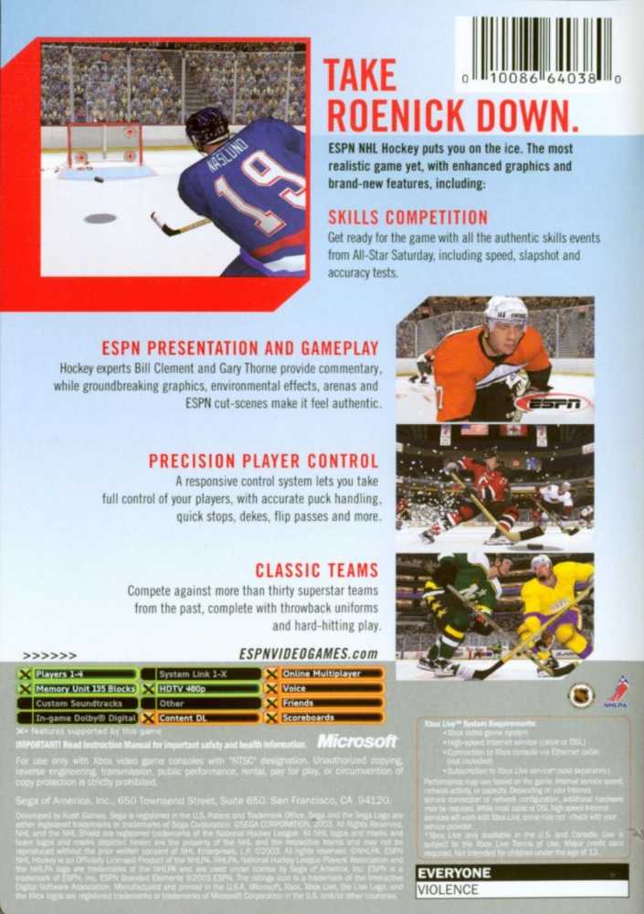 ESPN NHL Hockey - Microsoft Xbox (Sega - 1-2) video game collectible [Barcode 1008664038] - Main Image 2