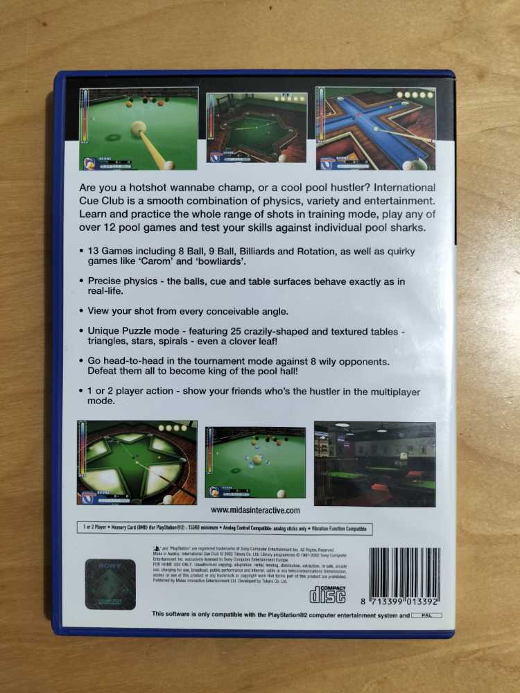 International Cue Club - Sony PlayStation 2 (PS2) (Midas Interactive Ent Ltd - 2) video game collectible [Barcode 8713399013392] - Main Image 2