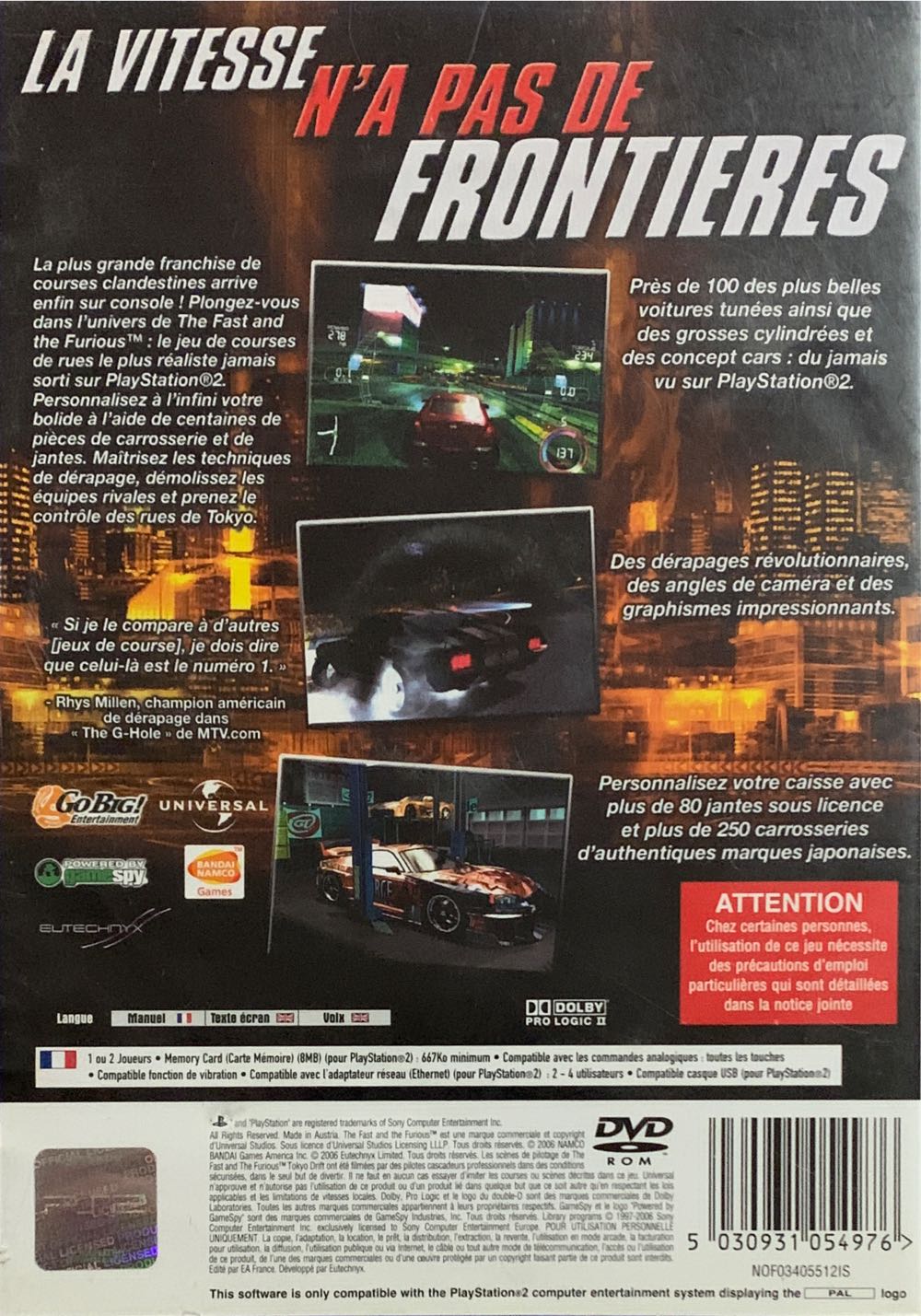 The fast and furious - Sony PlayStation 2 (PS2) (EA France - 1-2 / 2-4) video game collectible [Barcode 5030931054976] - Main Image 2