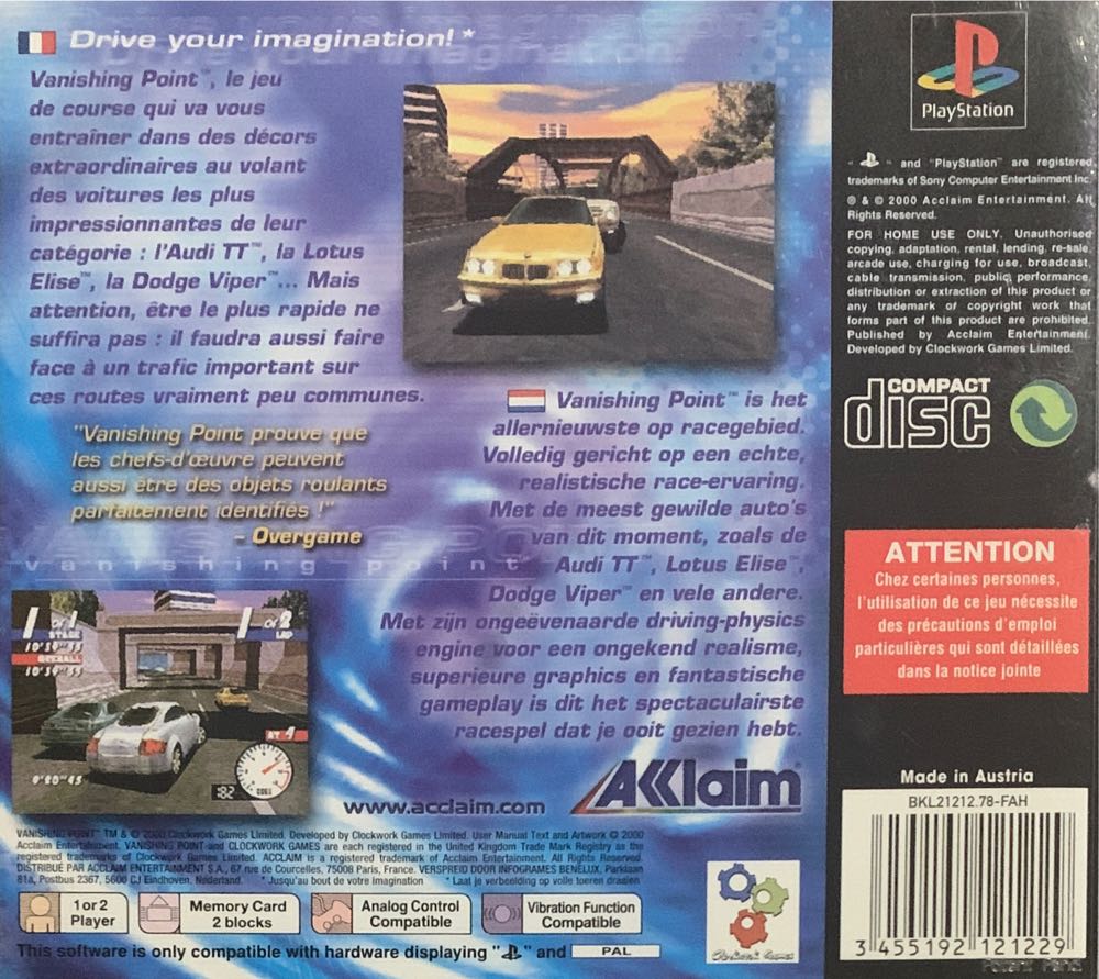Vanishing Point - Sony PlayStation (Acclaim Entertainment - 1-2) video game collectible [Barcode 3455192121229] - Main Image 2