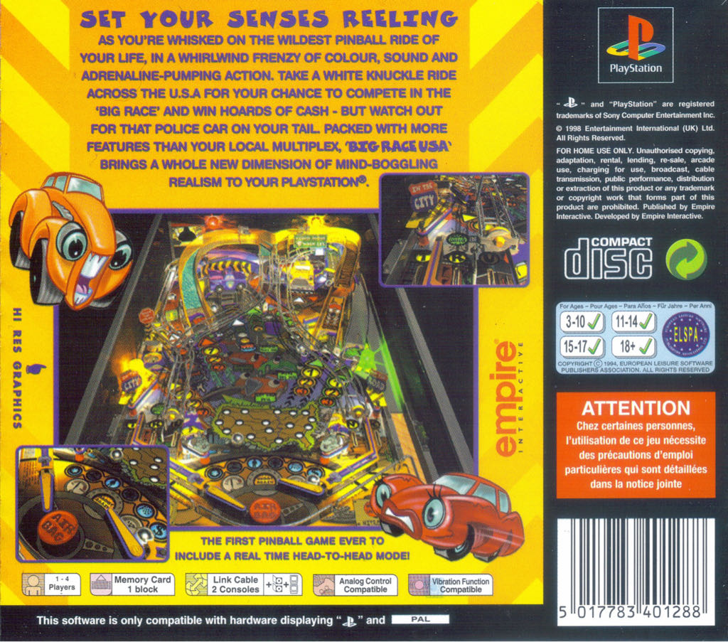 Pro Pinball Big Race Usa - Sony PlayStation (Empire Interactive - 1-4) video game collectible [Barcode 5017783401523] - Main Image 2