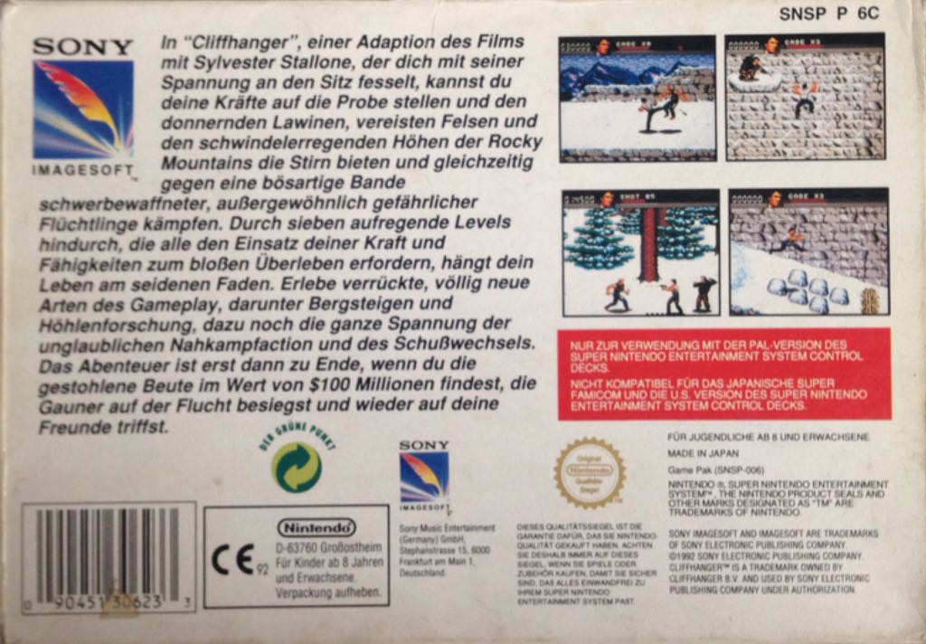 Cliffhanger - Nintendo Super Nintendo Entertainment System (SNES) (Sony Imagesoft) video game collectible [Barcode 090451306233] - Main Image 2