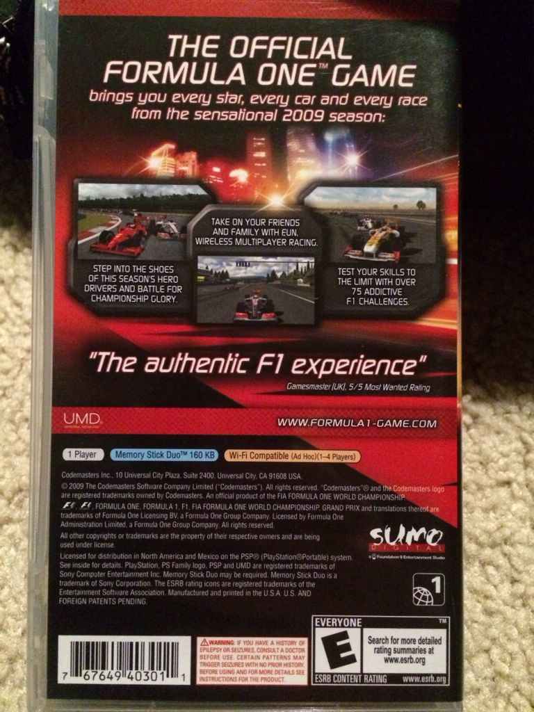F1 Formula 1 2009 - Sony PlayStation Portable (PSP) (Codemasters - 1) video game collectible [Barcode 767649403011] - Main Image 2