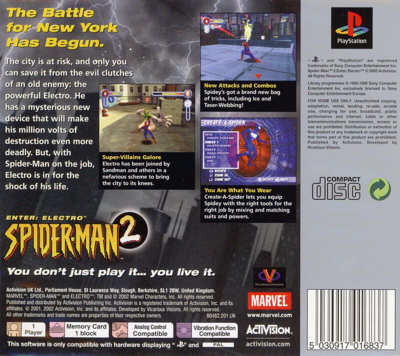 Spider-Man 2: Enter Electro - Sony PlayStation (Activision - 1) video game collectible [Barcode 5030917017025] - Main Image 2