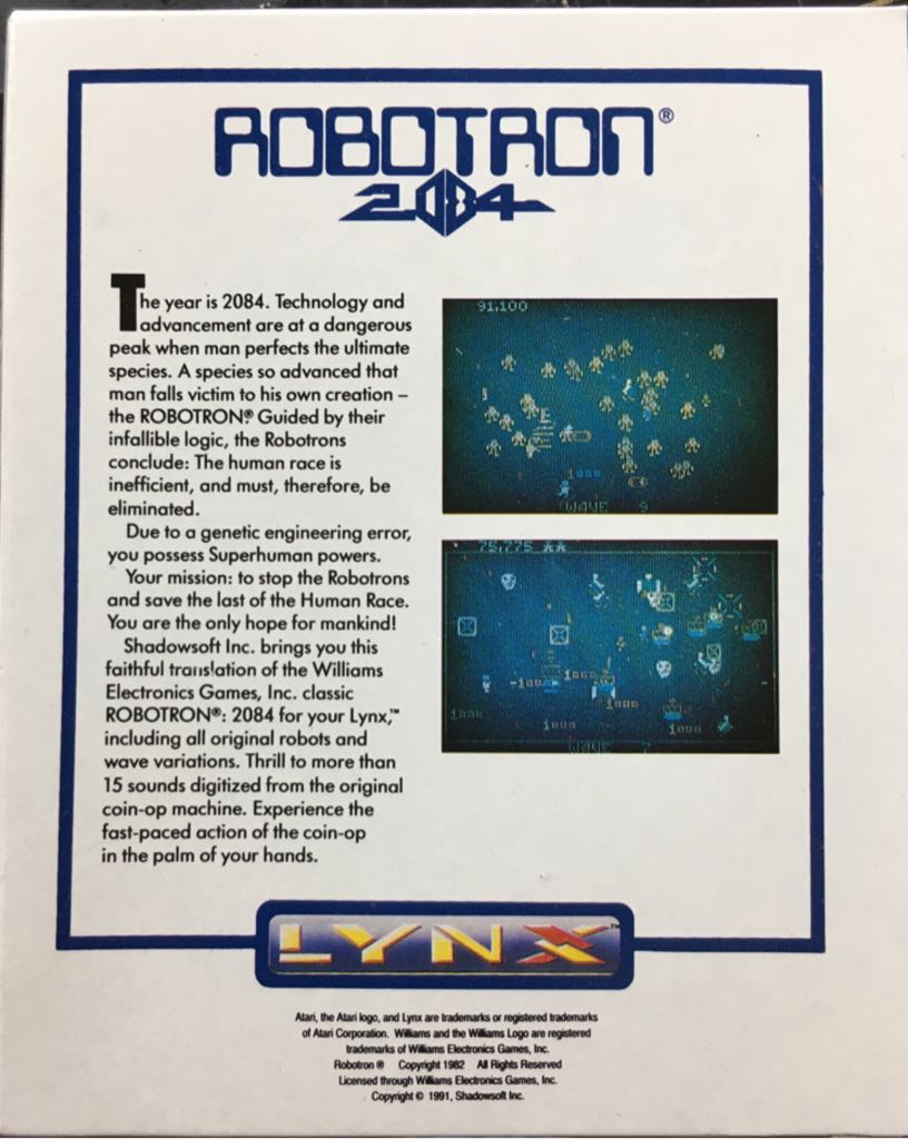 Robotron: 2084 - Atari Lynx (Shadowsoft) video game collectible [Barcode 772350050034] - Main Image 2