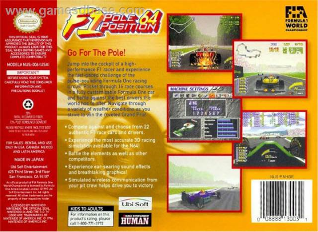 F1 Pole Position 64 - Nintendo 64 (N64) (Ubisoft - 1) video game collectible [Barcode 008888130031] - Main Image 2