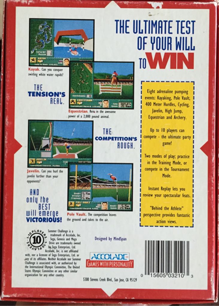 Summer Challenge - Sega Genesis (Mega Drive) (Accolade - 1-10) video game collectible [Barcode 015605032103] - Main Image 2