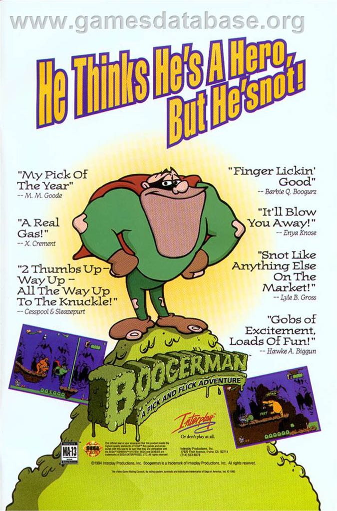 Boogerman: A Pick and Flick Adventure - Sega Genesis (Mega Drive) (Interplay Entertainment - 1) video game collectible [Barcode 040421830183] - Main Image 2