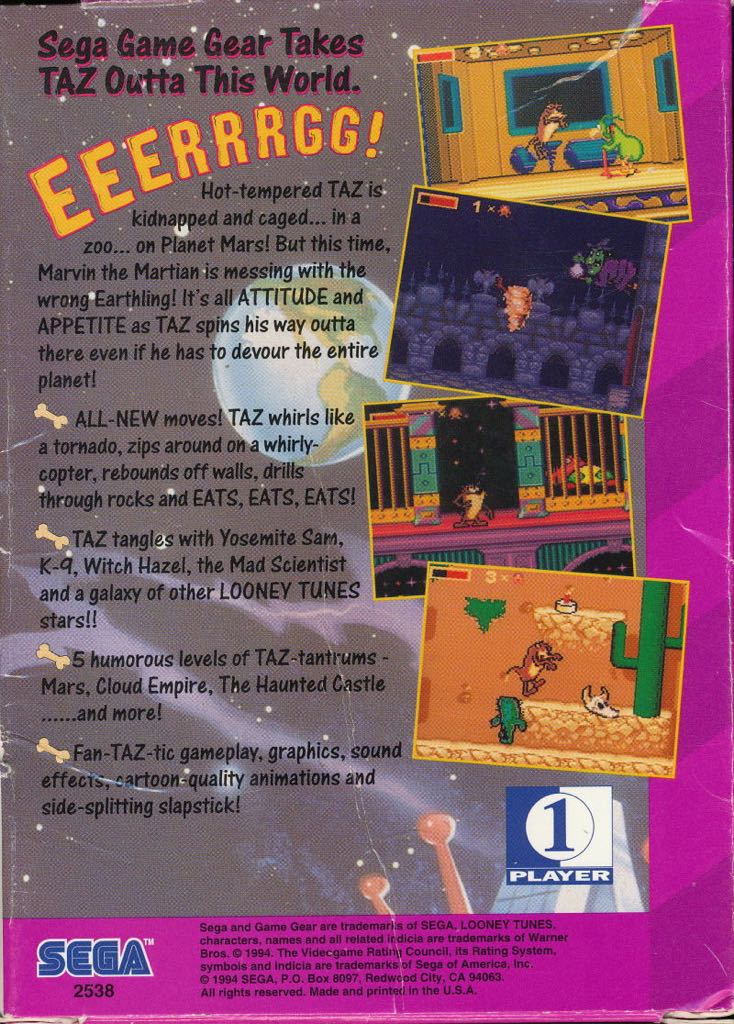 Taz In Escape From Mars - Sega Game Gear (Missing Manual 1) video game collectible [Barcode 010086025385] - Main Image 2