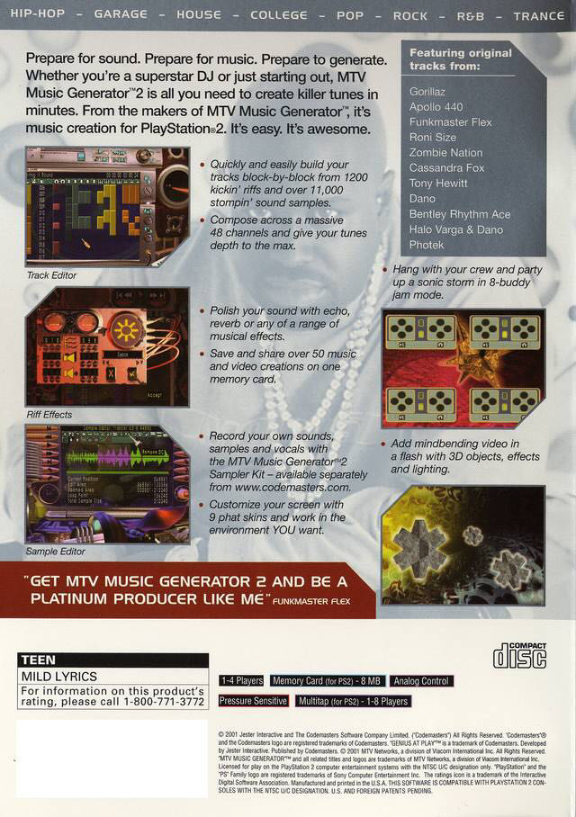 MTV Music Generator 2 - Sony PlayStation 2 (PS2) (Codemasters) video game collectible [Barcode 5024866320022] - Main Image 2