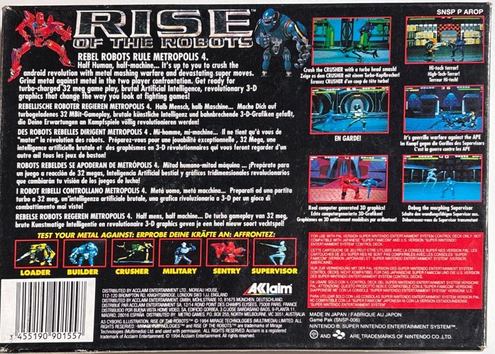 Rise Of The Robots - Nintendo Super Nintendo Entertainment System (SNES) (Acclaim Entertainment - 2) video game collectible - Main Image 4