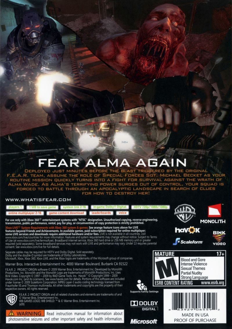 F.E.A.R. 2: Project Origin - Microsoft Xbox Live (Warner Bros. Games - 1-16) video game collectible [Barcode 0883929020744] - Main Image 2