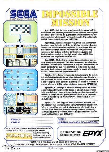 Impossible Mission - Sega Master System (US Gold - 1) video game collectible [Barcode 5013442551875] - Main Image 2