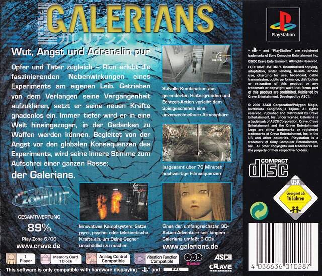 Galerians - Sony PlayStation (Sony Computer Entertainment - 1) video game collectible [Barcode 4036636010379] - Main Image 2