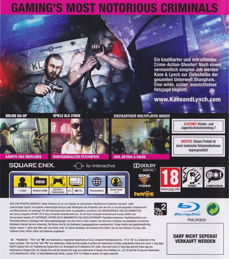 Kane And Lynch 2: Dog Days - Sony PlayStation 3 (PS3) (Sqare Enix - 1 - 2) video game collectible [Barcode 5021290042100] - Main Image 2