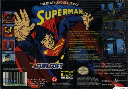 The Death And Return Of Superman - Nintendo Super Nintendo Entertainment System (SNES) (SunSoft - 1) video game collectible [Barcode 020763110419] - Main Image 2