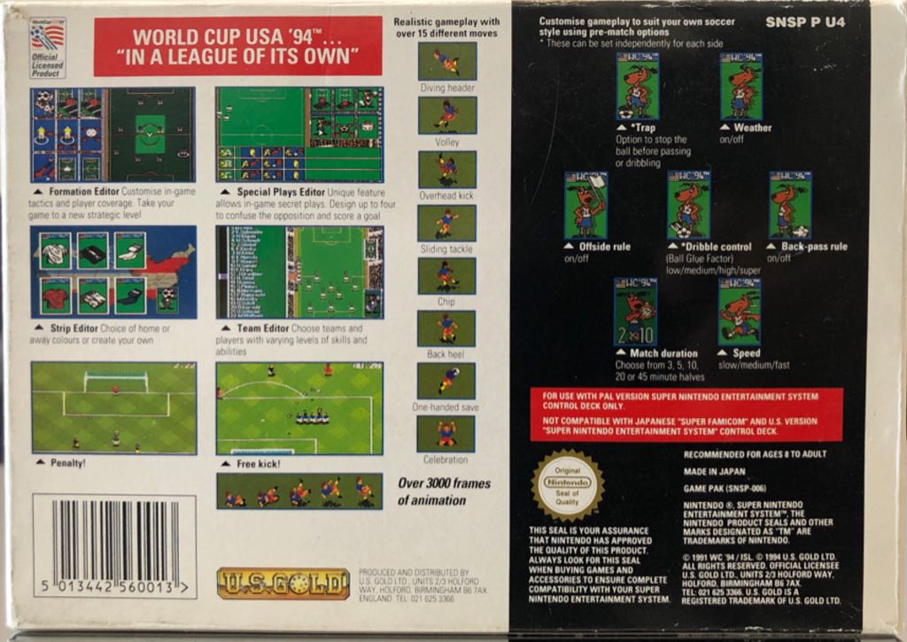 World Cup USA 94 - Nintendo Super Nintendo Entertainment System (SNES) (U.S. Gold - 1-2) video game collectible [Barcode 5013442560013] - Main Image 2