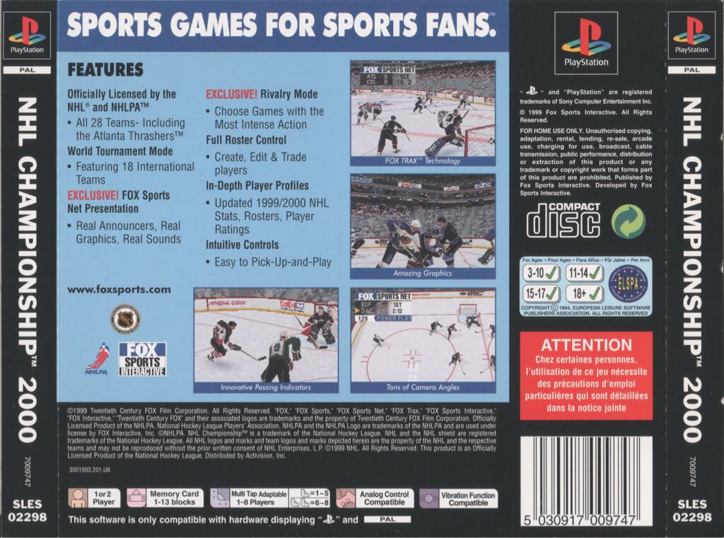 NHL Championship 2000 - Sony PlayStation (Fox Sports Interactive - 1-2) video game collectible [Barcode 5030917009747] - Main Image 2